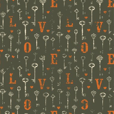 Eski anahtarlar ve eski tarzda ilk harflerle aşk temasında vektör pürüzsüz desen. Elle çizilmiş resimlerle soyut bir arkaplan. Duvar kağıdı, ambalaj kağıdı, kumaş için uygun.