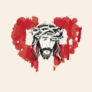 Paskalya bayrağı ya da içinde kan damlalarının kırmızı kalbine dikenli taç takan ağlayan İsa 'nın portresi olan tebrik kartı. Tanrının Oğlu ile dini tema üzerine vektör illüstrasyon