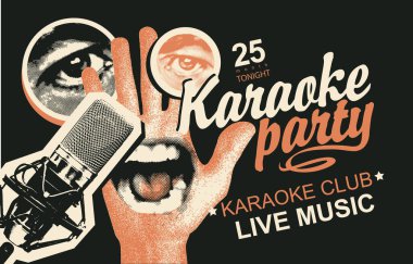Şarkı söyleyen ağız, el, stüdyo mikrofonu ve kaligrafi harfleriyle karaoke partisi için vektör posteri. Reklam afişi, müzik afişi, el ilanı, davetiye, bilet için uygun