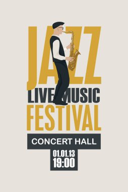 Caz canlı müzik festivali için saksafoncu ve retro tarzında saksafon çizen vektör poster. Müzik afişi, el ilanı, davetiye ve bilet