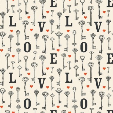 Aşk ve Sevgililer Günü temasında kusursuz bir düzen var. Anahtarlar, kalpler ve ilk harflerle. Elle çizilmiş resimlerle soyut bir arkaplan. Duvar kağıdı, ambalaj kağıdı, kumaş için uygun.