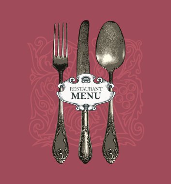 Gerçek çatal, kaşık ve bıçaklı restoran veya kafe menüsü için vektör kapağı veya logo yemek ve içecek menüsü ilk harf A, kıvrımlar ve eski tarz çiçek süsü