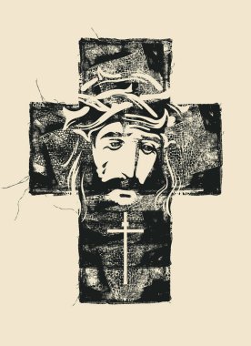 Paskalya bayrağı ya da Hıristiyan katolik haçı ve dikenli taç giymiş ağlayan İsa 'nın portresi olan tebrik kartı. Vektör illüstrasyonu, dini sembol, simge, logo, baskı, dövme