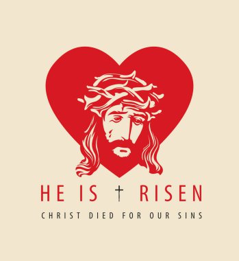 Paskalya bayrağı ya da içinde kırmızı kalbe karşı dikenli taç takan ağlayan İsa 'nın portresi olan tebrik kartı. Tanrının Oğlu ile dini tema üzerine vektör illüstrasyon