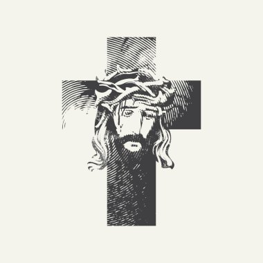 Paskalya bayrağı ya da Hıristiyan katolik haçı ve dikenli taç giymiş ağlayan İsa 'nın portresi olan tebrik kartı. Vektör illüstrasyonu, dini sembol, simge, logo