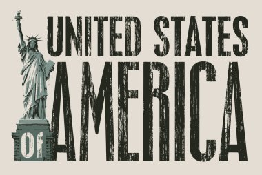 Amerikan Özgürlük Anıtı 'nın arka planında koyu arkaplan üzerinde grunge stili Amerikan yazıtı olan vektör pankartı, bir logo ve tişört tasarımı için uygun. ABD simgesinin dekoratif çizimi