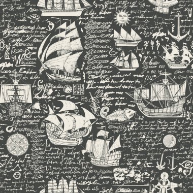 Seyahat, macera ve keşif teması üzerine soyut ve soyut bir arkaplan. Eski kervanlar, eski yelkenli yatlar, rüzgar gülleri, çapalar, balıklar ve kuşlar klasik tarzda. Okunamaz metinle