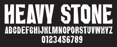 Kentsellik, taş, beton, kaya temalı, ağır doğranmış basit yazı tipi. Latin alfabesinin harfleri ve numaraları.