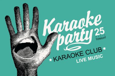 El yazısı ve el yazısı harfleriyle şarkı söyleyen retro tarzı karaoke partisi için vektör posteri. Reklam afişi, müzik afişi, el ilanı, davetiye, bilet için uygun