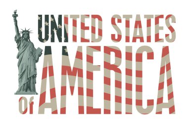 Amerika Birleşik Devletleri 'nin arka planında klasik tarzda yazılmış Özgürlük Anıtı' nın olduğu vektör pankartı. Amerikan bayrağı büyük harflerin içinde. Logo ve tişört tasarımı için uygun. 