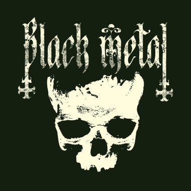İnsan kafatasına sahip vektör çizimi ve koyu arkaplanda grunge tarzı siyah metal yazılar. Satanizmin sembolü, Baphomet. Tişört tasarımı, poster, afiş, müzik kapağı, broşür