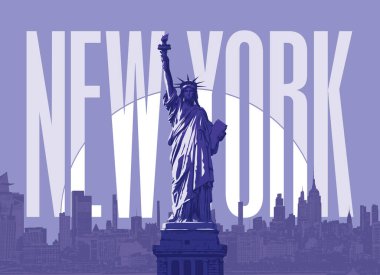 New York şehrinin gökdelenlerinin arka planında Amerikan Özgürlük Heykeli olan afiş ya da poster. Üzerinde harfler olan ABD simgesi. Tişört tasarımı, broşür, seyahat broşürü, kartpostal