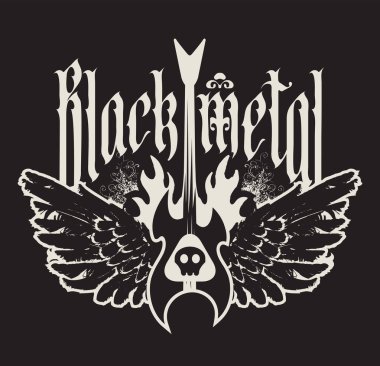 Siyah arkaplanda siyah metal yazı tipi yazan, elektro gitarlı, insan kafatası ve kuş kanatları imzalayan vektör müzik afişi. Broşürler, posterler, tişört tasarımları için kullanılabilir.