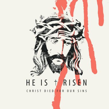 Paskalya bayrağı ya da içinde ağlayan İsa 'nın portresi olan, dikenli taç takan ve arka planda kan damlatan bir tebrik kartı. Tanrının Oğlu ile dini tema üzerine vektör illüstrasyon