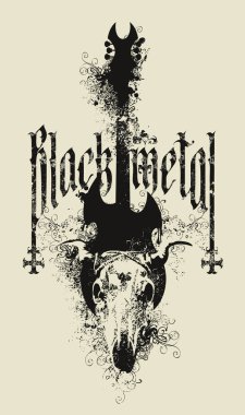 Elektro gitarlı vektör işareti, keçi ya da boğa kafatası ve gotik yazı tipiyle yazılmış, grunge stili kıvrımlı Black Metal tabiri.