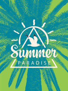 Palmiye ağacı, martı, güneş ve eski kağıt arka planda yaz cenneti yazılı vektör seyahat afişi. Yazlık poster, broşür, davetiye ya da kartpostala uygun