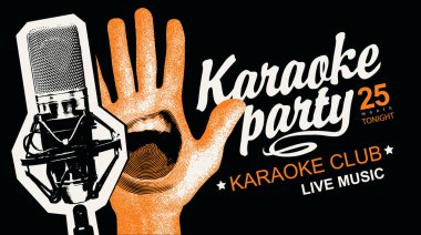 Şarkı söyleyen ağzı, stüdyo mikrofonu ve arka planında yazı olan bir karaoke partisi afişi. Reklam afişi, afiş, broşür, davetiye için uygun