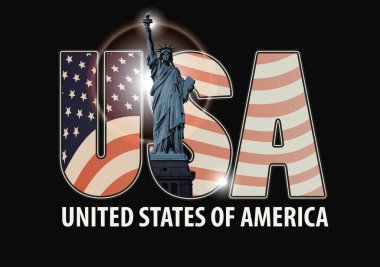 Üzerinde Amerikan Özgürlük Heykeli olan vektör pankartı, harflerin içindeki gökdelenlerin siluetleri koyu bir arkaplan üzerinde parıltı veya parıltı ile. Tişört, kartpostal, el ilanı, seyahat broşürü için tasarım