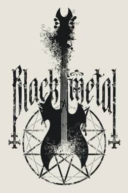 Elektro gitarı ve pentagramı olan vektör pankartı, beş köşeli yıldızlar ve grunge sıçramalı gotik yazı tipiyle yazılmış Black Metal tabiri. Tişört tasarımı, poster, ilan panosu, oyun faturası
