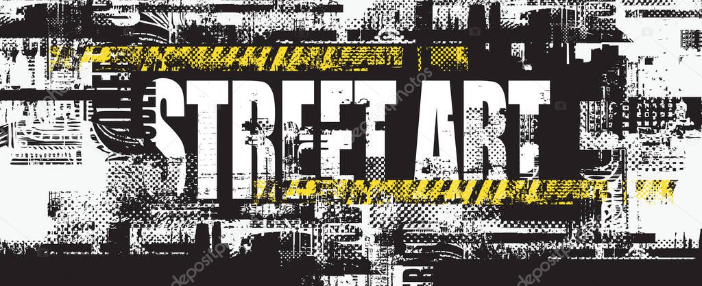 Vector phrase Street art crossed by yellow stripe. Urban art in grunge style on background of spots and geometric figures from elements of big city architecture. logo, t-shirt design