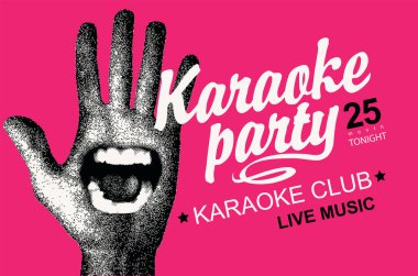 Vector müzik posteri ya da karaoke partisi afişi, şarkı söyleyen ağız ve el yazısı, arka planda yazı. Reklam afişi, afiş, broşür, davetiye için uygun
