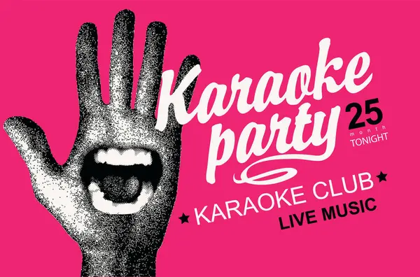 Vector müzik posteri ya da karaoke partisi afişi, şarkı söyleyen ağız ve el yazısı, arka planda yazı. Reklam afişi, afiş, broşür, davetiye için uygun
