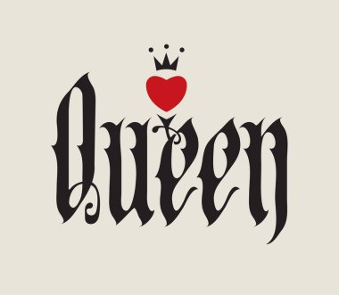 Vector Dünyası Kraliçesi Gotik vintage yazı tipiyle yazılmış, hem de takım elbise ve taçla. Kart oyunları, poker temalı logo. Logo, işaret, tişört tasarımı ve dövme için uygun.