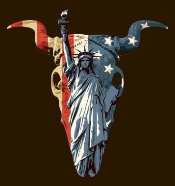Boğa kafatasına sahip vektör bayrağı, Amerika Birleşik Devletleri bayrağı ve New York şehri Özgürlük Heykeli. Giysiler, kumaş, duvar kağıdı, ambalaj kağıdı, tişört tasarımı için grafiksel baskı