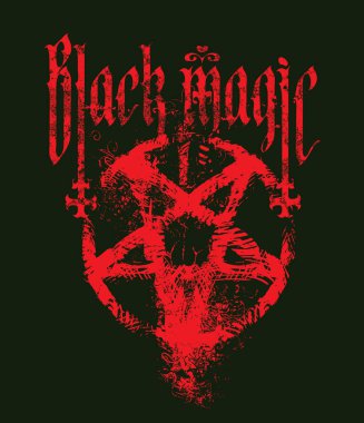 Kanlı beş köşeli yıldız, haçlar ve gotik yazı tipiyle yazılmış kara büyü harfleriyle vektör illüstrasyonu. Satanizm sembolü, büyücülük işareti. Tişört tasarımı, müzik kapağı, broşür, poster