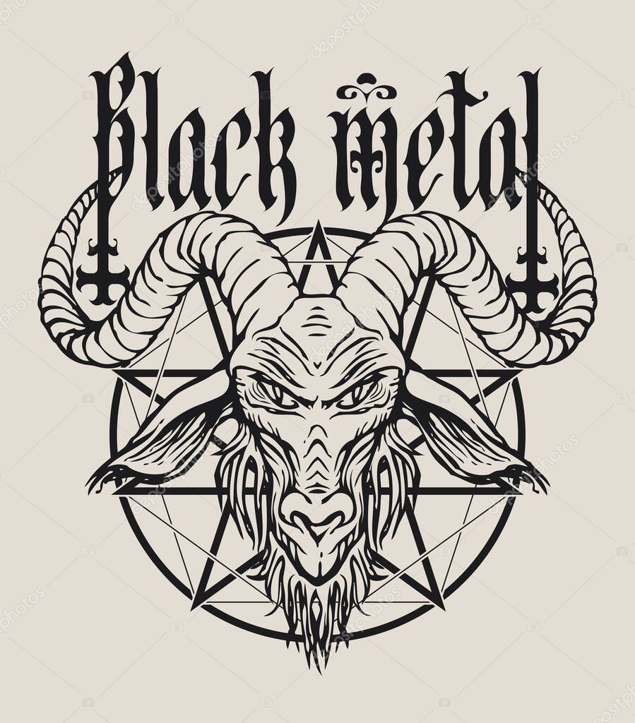 Vector banner on occultism and witchcraft, death metal rock music with phrase Black metal written in gothic font with inverted crosses and horned goat head and satanic pentagram. Used for poster