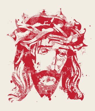 Paskalya bayrağı ya da üzerinde ağlayan İsa 'nın portresi olan, dikenli taç giymiş bir tebrik kartı. Tanrının Oğlu ile dini tema üzerine vektör illüstrasyon