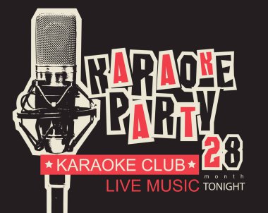 Stüdyo mikrofonu ve komik başlıklı karaoke partisi afişi. Reklam afişi, afiş, broşür, davetiye için uygun