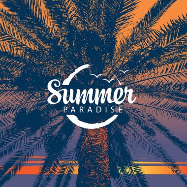 İçinde palmiye ağacı olan vektör seyahat afişi ve eski kağıt arka planda Summer Paradise yazıları. Poster, broşür, davetiye veya eski tarz kart, tişört tasarımı, müzik kapağı için uygun