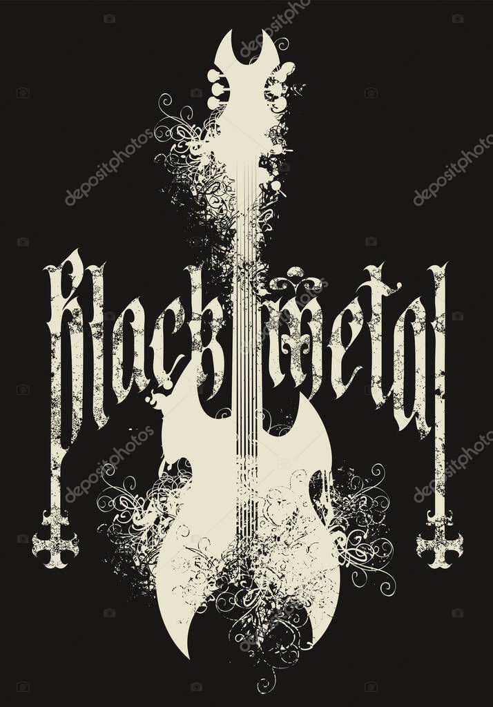 Vector music banner with words Black metal writing Gothic font, with electric guitar and inverted crosses on black background. Can be used for flyers, posters, t-shirt design, music cover