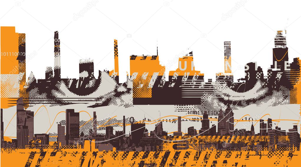 Vector abstraction on the theme of urbanism. Street art in grunge style on background of spots and geometric figures from elements of the architecture and the big city. T-shirt disign