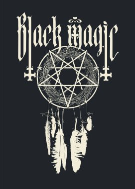 Paganizm teması üzerine taşıyıcı pankart ve kuş tüyleri ve düş kapanı ve şeytani pentagram ile kara büyü. Tişört tasarımı