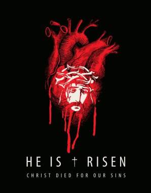 Paskalya bayrağı ya da içinde kırmızı kalp işareti içinde dikenli taç takan ağlayan İsa 'nın portresi olan tebrik kartı. Tanrının Oğlu ile dini tema üzerine vektör illüstrasyon, tişört tasarımı