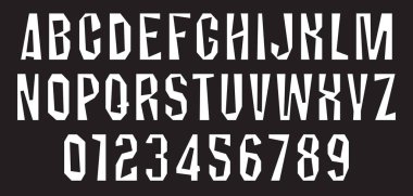 Kentsellik, taş, beton, kaya temalı, ağır doğranmış basit yazı tipi. Latin alfabesinin harfleri ve numaraları.