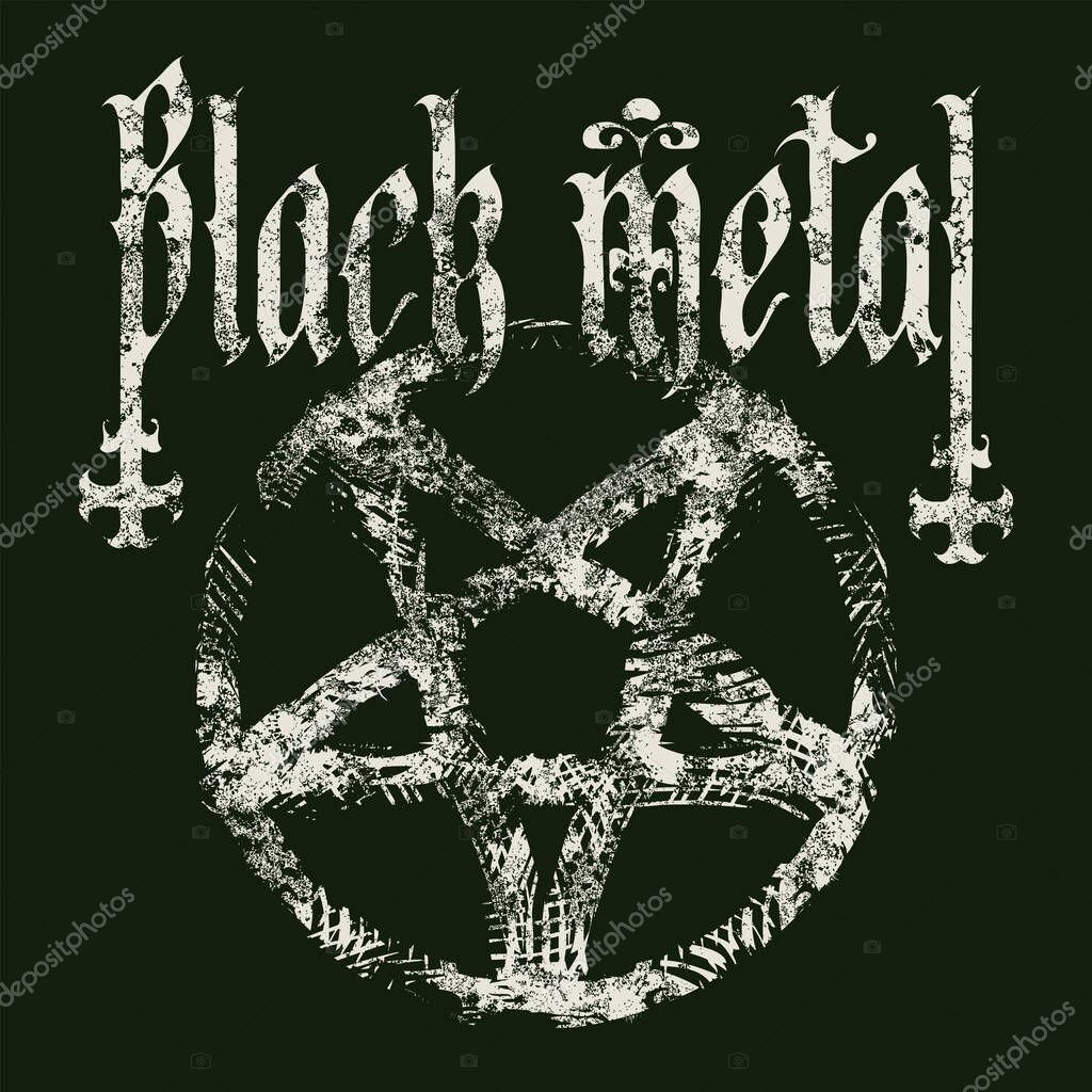 Vector banner on occultism and witchcraft, death metal rock music with phrase Black metal written in gothic font with inverted crosses and satanic pentagram. Used for poster and CD disk cover