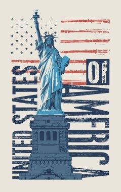 Amerika Birleşik Devletleri yazıtlarının arka planında Özgürlük Heykeli ve klasik Amerikan bayrağı olan Vektör A4 afişi. Logo, tişört tasarımı, seyahat broşürü, broşür, davetiye, kartpostal.