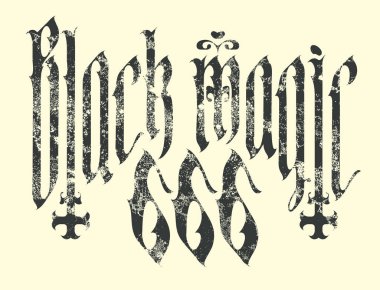 Ters haçlı kara büyü harfli vektör pankartı. Eski püskü arka planda gotik tarzda 666 numara. Satanizm sembolü, büyücülük işareti. Tişört tasarımı, müzik kapağı, broşür, poster