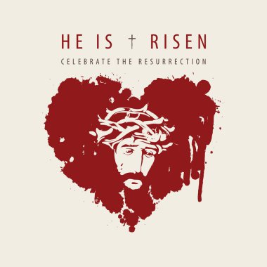 Paskalya bayrağı ya da içinde kırmızı kalp işareti içinde dikenli taç takan ağlayan İsa 'nın portresi olan tebrik kartı. Tanrının Oğlu ile dini tema üzerine vektör illüstrasyon, tişört tasarımı
