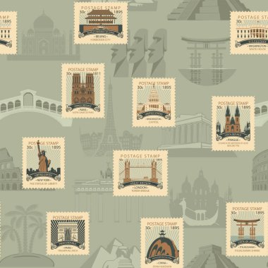 Değişik ülkelerin posta pullarıyla kusursuz bir şablon. Seyahat temasında geçmişe dönük arka plan tekrarlanıyor. Duvar kağıdı, ambalaj kağıdı, kumaş, tişört tasarımı