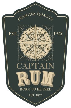 Vektör etiketi ya da afişi olan Captain Rum harfli ve özgür kelimeler olmak için doğmuş. Eski el çizimi rüzgar gülü ya da pusula eskici stil haritalı koyu arkaplan üzerinde.