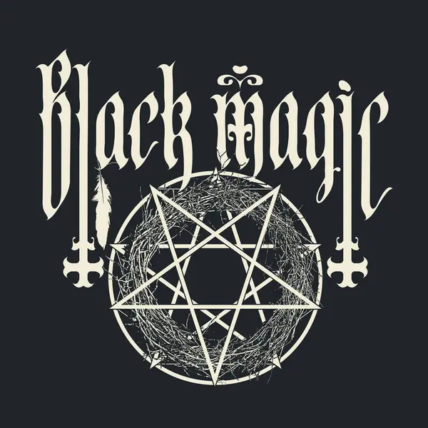 Pentagramlı el yazısı, ters haçlar ve kara büyü kelimeleri, gotik yazı tipi. Satanizm sembolü, büyücülük işareti. Tişört tasarımı, müzik kapağı, broşür, poster. Kullanılan yapay zeka yok