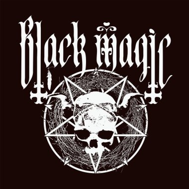 İnsan kafatası, pentagram, ters haçlar ve grunge tarzında kara büyü yazılı el yazısı. Satanizmin, büyücülüğün sembolü. Tişört tasarımı, müzik kapağı, broşür, poster. Kullanılan yapay zeka yok