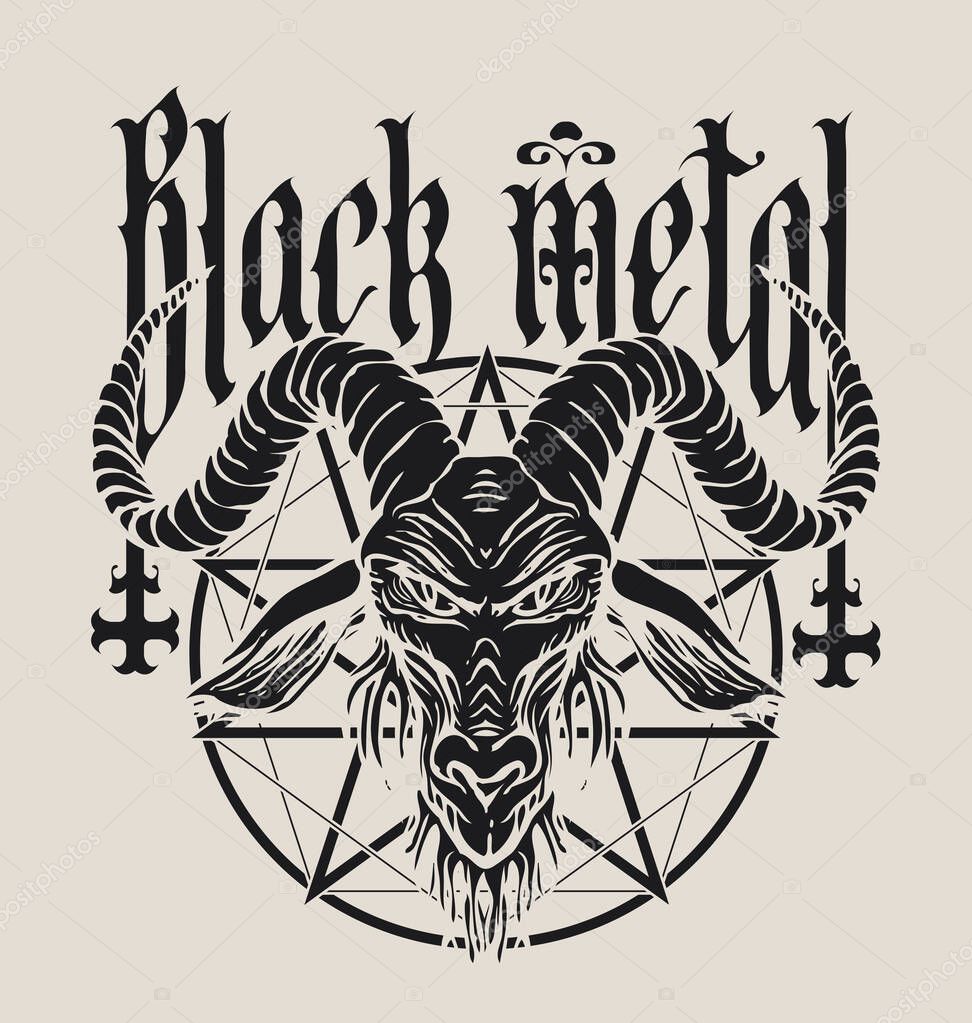 Hand drawn illustration of horned goat head, pentagram, inverted crosses. Black metal grunge lettering. Baphomet is a symbol of Satanism. T-shirt design, music cover. No AI used