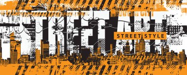 Elle çizilmiş soyut şehircilik temalı bir yazı. Arka planda Grunge sokak sanatı. Şehir mimarisinin geometrik şekilleri, gazete kupürleri. Tişört tasarımı. Kullanılan yapay zeka yok