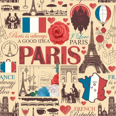 Fransa ve Paris temalı el yapımı kusursuz desenler. Harfler, mimari simgeler, harita ve bayrak. Tişört tasarımı, seyahat kartpostalı. Duvar kağıdı, ambalaj kağıdı. Kullanılan yapay zeka yok