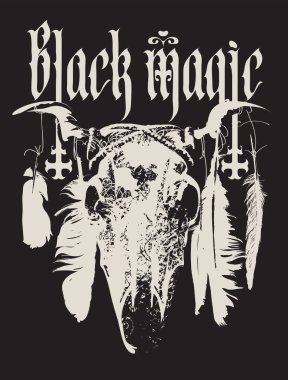 Cadılık temasına elle çizilmiş vektör pankartı. Gotik yazı tipiyle yazılmış, ters haçlı ve tüylü inek ya da boğa başlı. Müzik kapağı, tişört tasarımı, yapay zeka kullanılmamış.